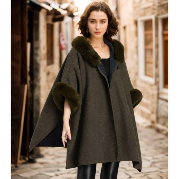 HOT Women's Luxury Batwing Sleeve Faux Fur Cape-Army Green - Picture 2 of 5